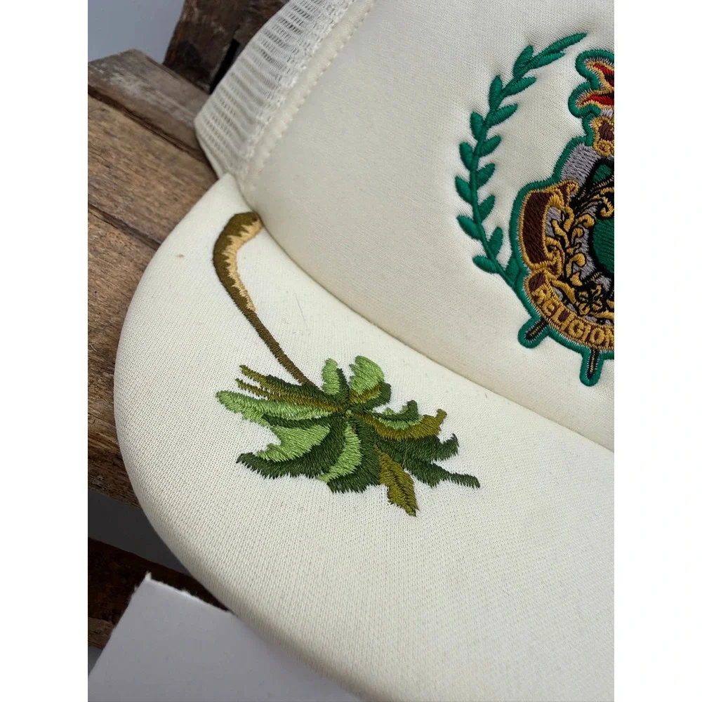 True Religion Cream Trucker Hat Embroidered Crest Palm Tree Snapback Mesh‎ Cap